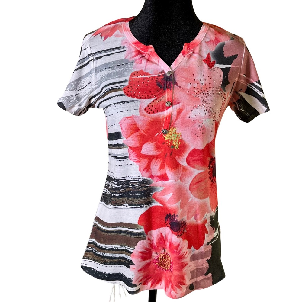 Style & Co Floral Stripe Henley Top Red Pink Rhinestone Short Sleeve Tee Small